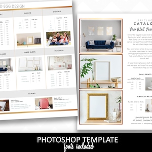 May include: A product catalog with the text "CRACKED EGG DESIGN" and "PRICING CATALOG Your Wall Your Art". The catalog features examples of wall art, shelfie, digital prints, 3D collages, image blocks, and image pop options.