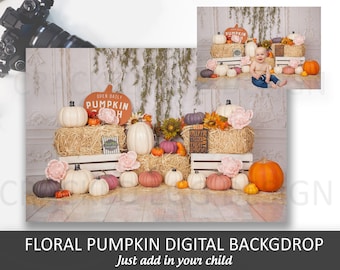 Floral Pumpkin and Hay Digital Background, Add in Your Child, Classic, Light Pink, Halloween Signs, Pumpkin Patch, Greenery