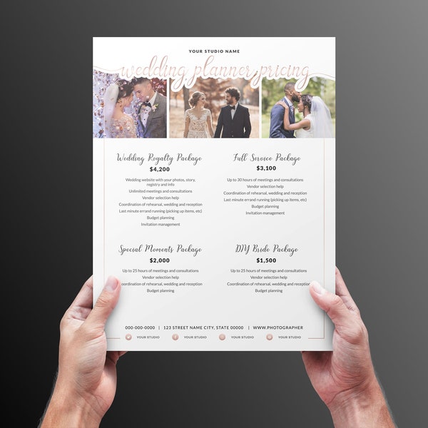 Wedding Planner Pricing Template in rose gold accents, Photoshop template, event planning, weddings, photography, brochure, fonts included