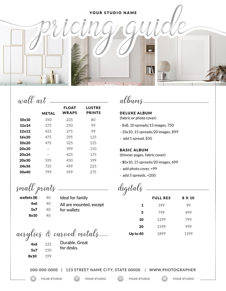 Product Pricing Silver Cursive Price Guide for Photographers | Etsy