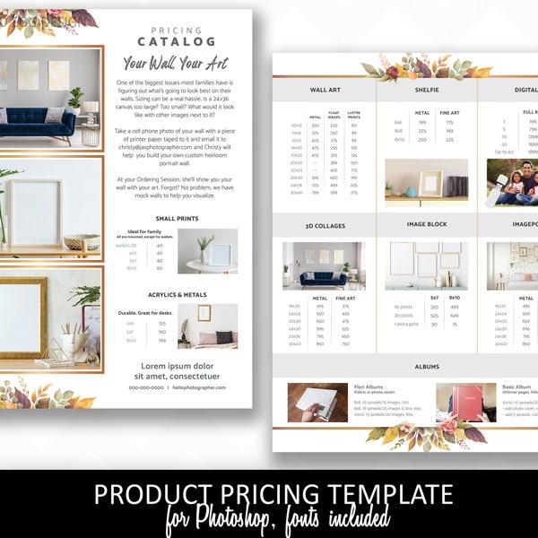 Wall art product pricing guide template for photographers, albums, metals, digitals, add ons, IPS, photography, harvest, fall floral, fonts