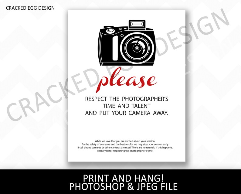 Photography studio sign, no cameras allowed, customize in Photoshop or just print the jpeg as is, no cell phones image 1