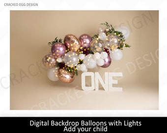 Rose Gold, Blush, Gold, Dusty Pink Balloons Digital Background, twinkle lights, perfect for Cake Smash or Photo Session, ONE, Backdrop