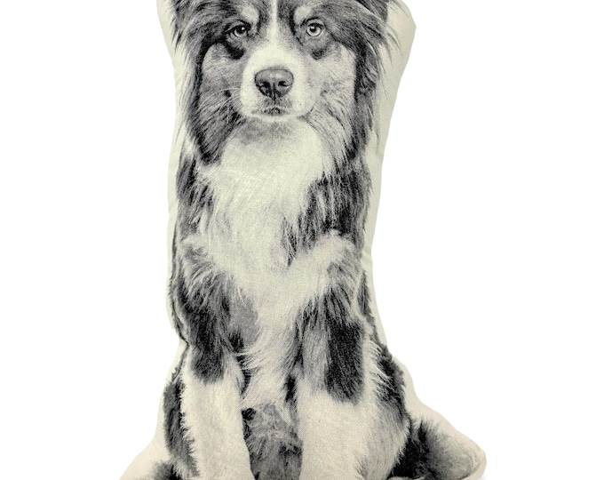 Australian Shepherd Pillow, Contour Shaped, Black and White Silkscreen Printed Throw Pillow, Perfect Gift for Dog Lovers