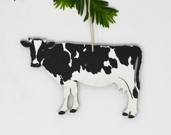 Wooden Silkscreen Cow Ornament