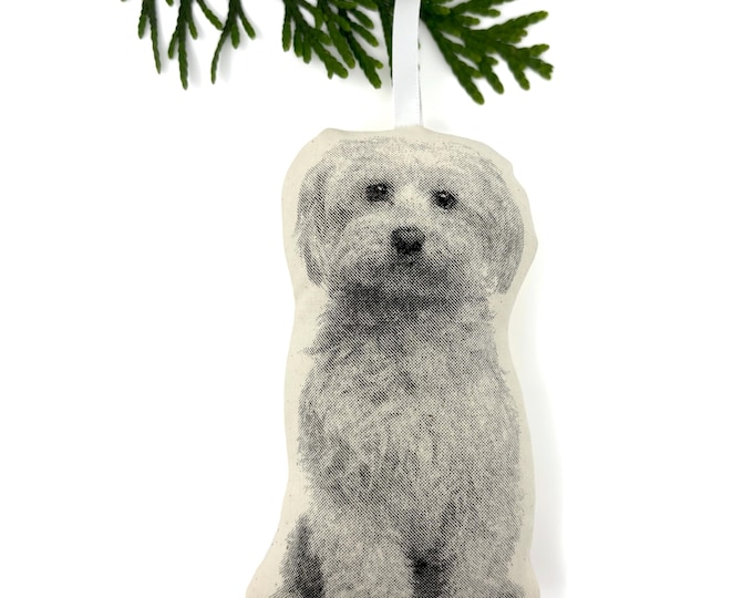Contour Shaped Maltese Dog Ornament, Hand Silkscreened Muslin Fabric Decoration