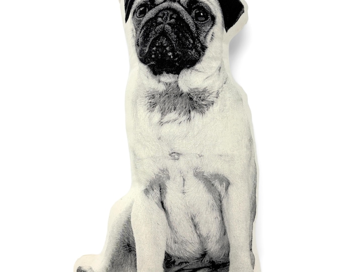 Pug Pillow, Contour Shaped, Black and White Silkscreen Printed Throw Pillow, Perfect Gift for Dog Lovers