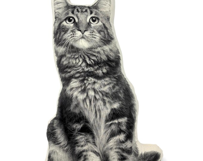 Maine Coon Pillow, Contour Shaped, Black and White Silkscreen Printed Throw Pillow, Perfect Gift for Cat Lovers