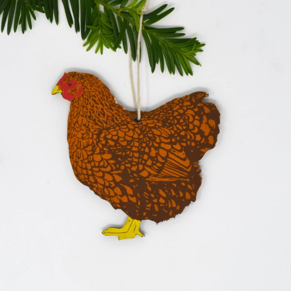 Wooden Silkscreen Chicken Ornament