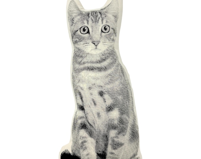 Cat Pillow, Contour Shaped, Black and White Silkscreen Printed Throw Pillow, Perfect Gift for Cat Lovers