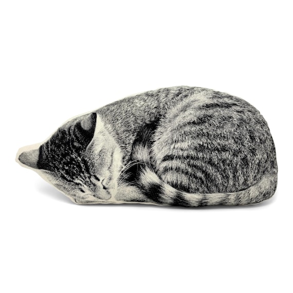 Sleeping Cat Pillow, Contour Shaped, Black and White Silkscreen Printed Throw Pillow, Perfect Gift for Cat Lovers