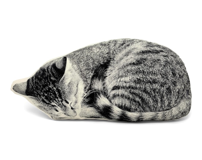 Sleeping Cat Pillow, Contour Shaped, Black and White Silkscreen Printed Throw Pillow, Perfect Gift for Cat Lovers