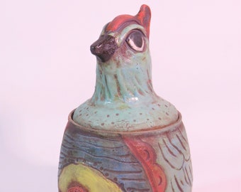 Red crested primary colors bird ceramic vessel artisan made shipping included