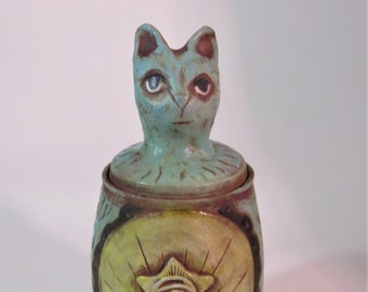 Aqua blue swirling star kitty ceramic vessel artisan made shipping included