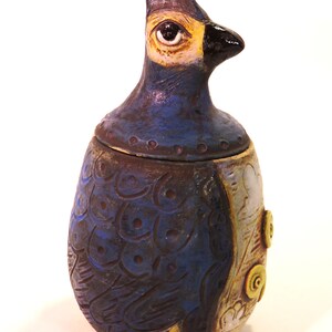 Rusty blue jay with clouds bird ceramic folk art vessel artisan made shipping included image 4