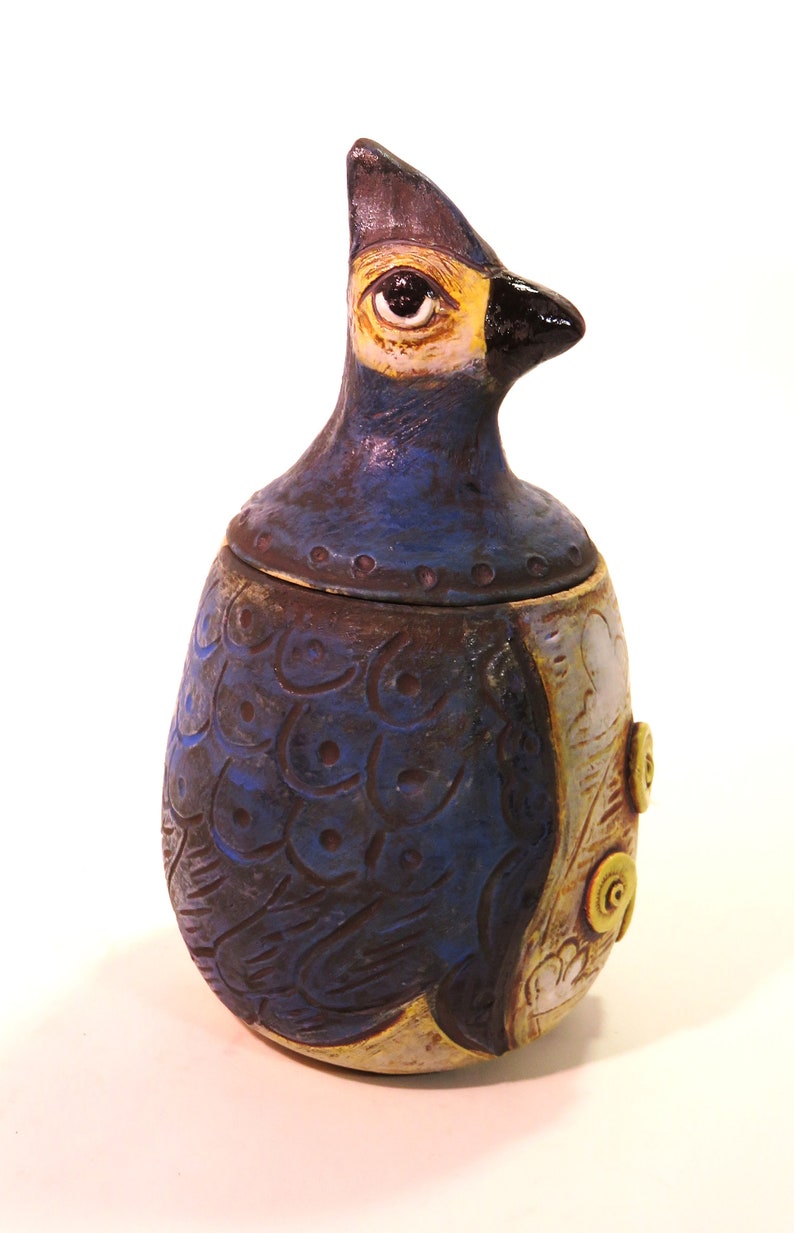 Rusty blue jay with clouds bird ceramic folk art vessel artisan made shipping included image 4