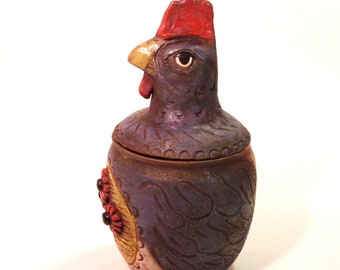 Rusty purple chicken ceramic folk art vessel artisan made shipping included