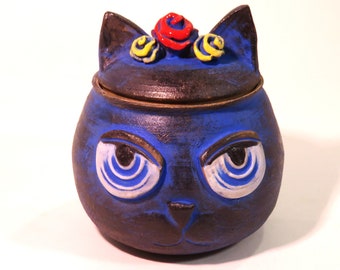 Midnight blue kitty jar with flower crown SHIPPING INCLUDED