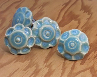 Blue Opal and Seafoam Handmade Ceramic Flower Drawer Pulls sets are MADE TO ORDER 2-3wks