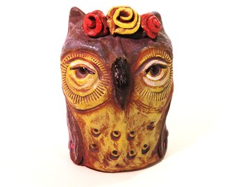 Original Owl Sculpture purplewith flower crown for garden or home shipping included