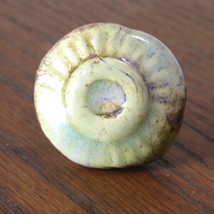 May include: A light green ceramic knob with a raised, circular design. The knob has a brown rim and a smaller, lighter green circle in the center.