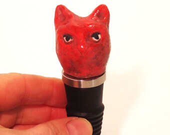 Red kitty bottle stopper hand made shipping included