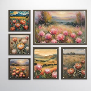 Puede incluir: Un conjunto de seis pinturas de paisajes enmarcadas que presentan flores vibrantes de color rosa y naranja, con una variedad de paisajes en el fondo, que incluyen campos, montañas y una puesta de sol.