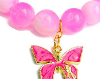 Breast Cancer Awareness Bracelet: Pink Ribbon, Mothers Day Gift, Butterfly Charm
