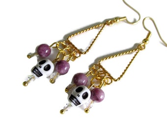 Skull earrings, halloween earrings, dangle earrings, gift for her, purple earrings, scary jewelry, beaded earrings, halloween party earrings