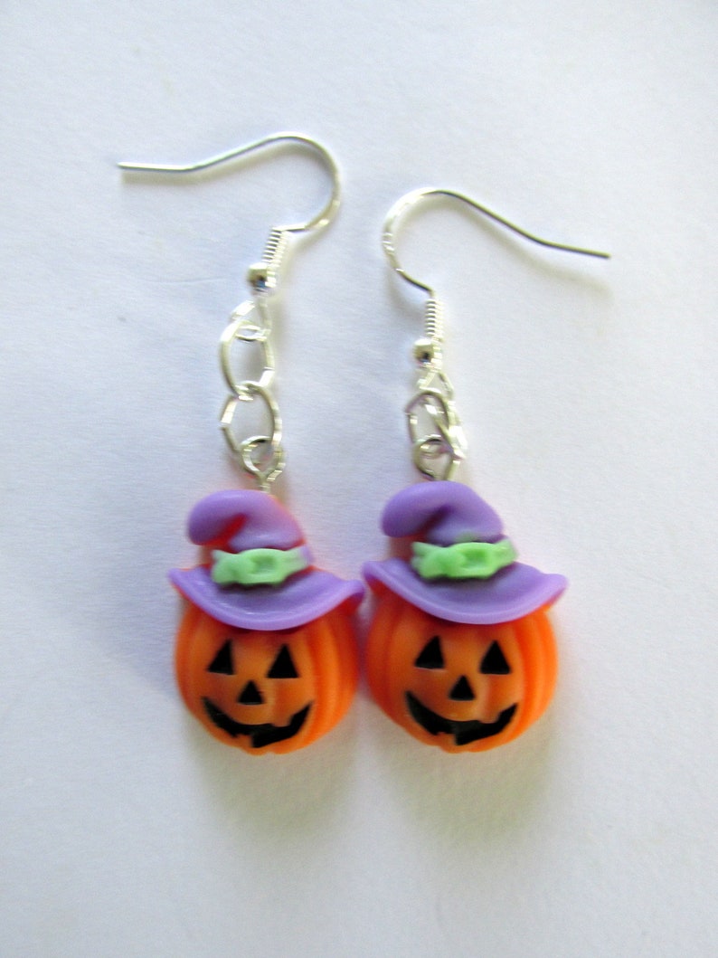 Halloween earrings, pumpkin earrings, pumpkin jewelry, gift for her, halloween jewelry, dangle earrings, fun jewelry, polymer clay charms image 2