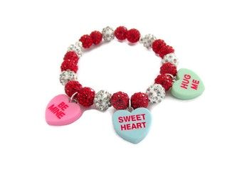 Valentines day charm bracelet, heart bracelet, sparkly bangle, red silver, gift for her, valentines day gift, stretch bracelet, faux candy