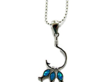 Fish hook necklace, fish necklace, gift for girlfriend, gift for her, opal fish charms, fish lover jewelry, fish charm necklace, opal fish