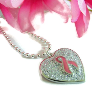 Pink Ribbon Heart Necklace: Silver Glitter Breast Cancer Awareness Jewelry