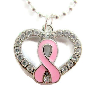 Pink Ribbon Heart Necklace: Rhinestone Breast Cancer Pendant