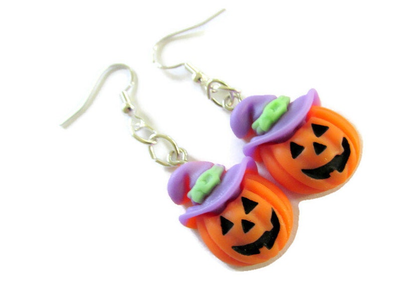 Halloween earrings, pumpkin earrings, pumpkin jewelry, gift for her, halloween jewelry, dangle earrings, fun jewelry, polymer clay charms image 3