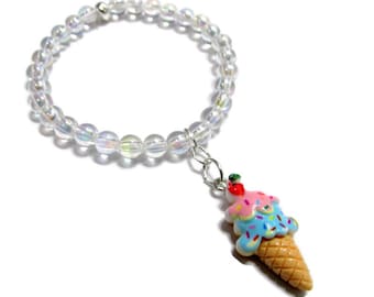 Girls beaded bracelet, ice cream bracelet, kids charm bracelet, mermaid beads, stretch bracelet, gift for her, fun bracelet, kids bracelet