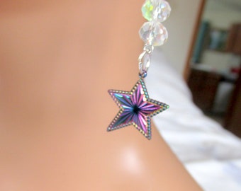 Star earrings, dangle earrings, rainbow star earrings, gift for her, crystal drop earrings, sparkly earrings, metallic earrings