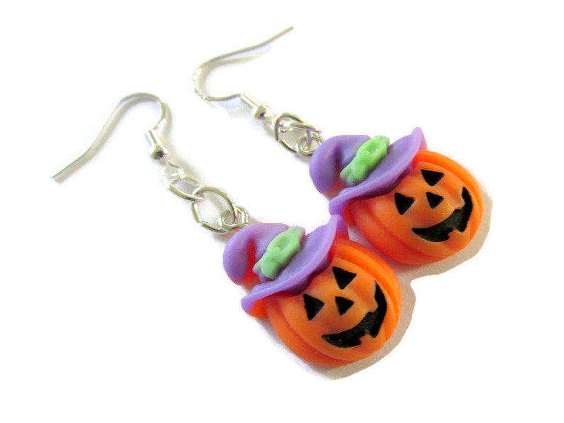 Halloween earrings, pumpkin earrings, pumpkin jewelry, gift for her, halloween jewelry, dangle earrings, fun jewelry, polymer clay charms image 1