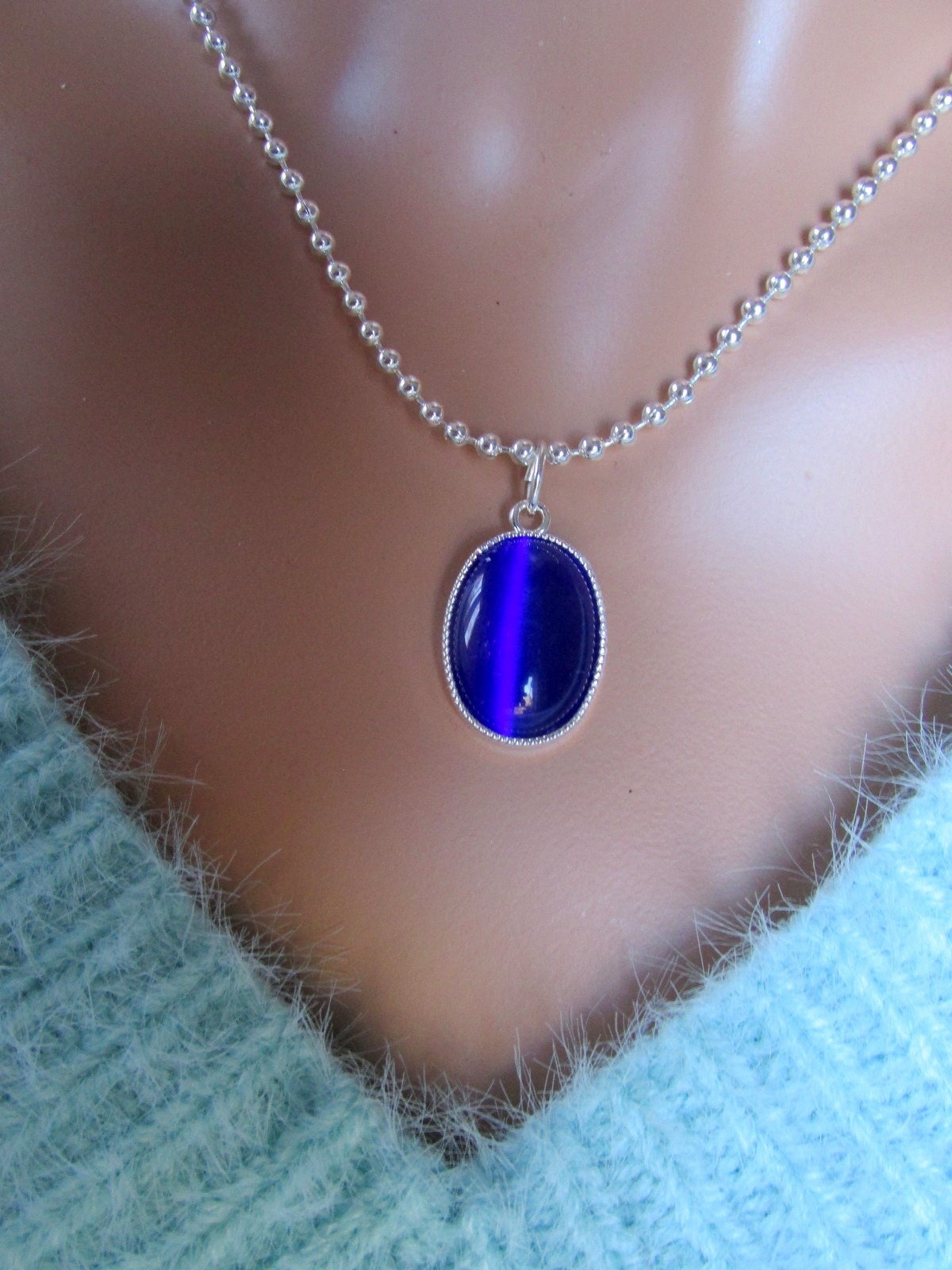 Cats Eye Necklace, Cats Eye Pendant, Blue Cats Eye, Gift for