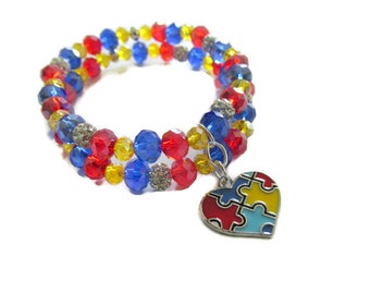 Autism bracelet, autism awareness, beaded bracelet, autism bangle, crystal bracelet, autism charm, heart,  gift for her, stretch bracelet