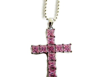 Crystal cross pendant, crystal cross necklace, pink cross, gift for her, sparkly pendant, crucifix,  gift for girlfriend, gift for wife.