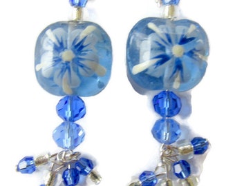 Lampwork earrings with crystal blue dangles flower earrings lampwork drop earrings beaded earrings unique lampwork