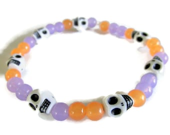 Halloween bracelet, skeleton bracelet, stretch bracelet, spooky bracelet, beaded bracelet, halloween gift, orange bracelet, purple bracelet