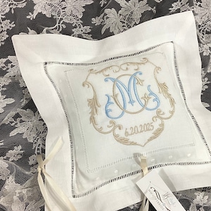 Monogrammed ring bearer pillow Personalized linen ring cushion jfyBride Style 6155