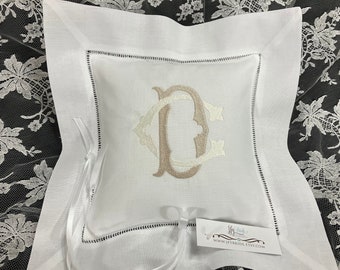 Monogrammed ring bearer pillow in white linen personalized with embroidered 2-letter monogram jfyBride Style 5220