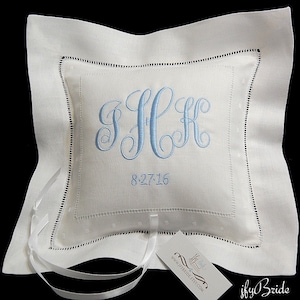 Personalized ring bearer pillow Ring pillow with wedding monogram and date on white Irish linen jfyBride Style 6142
