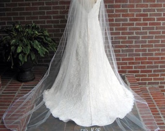 Monogrammed Veil, Cathedral length bridal veil with organza ribbon edge and embroidered monogram