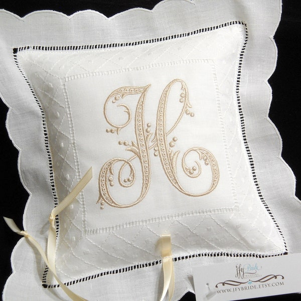 Ring bearer pillow personalized with monogram Linen wedding ring cushion for ring warming jfyBride Style 8636