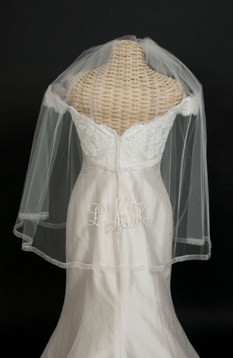 Bridal Veil Personalized with embroidered monogrammed Fingertip length with organza ribbon edge image 2