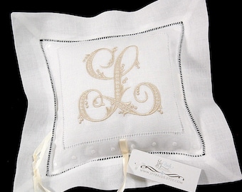 Personalized Ring Bearer Pillow monogrammed with single embroidered initial with names and date on the back jfyBride Style 6152